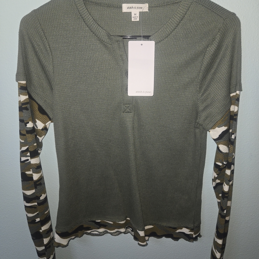 Kids Olive Green Long Sleeve Tee with Camo Sleeves